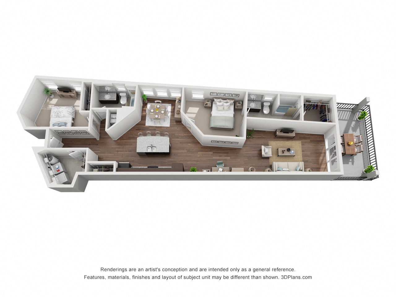 Floor plan for 2 beds, 2 baths, 1407 sqft